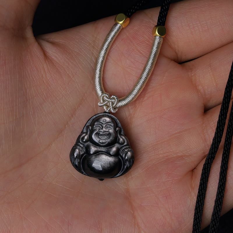 Wear FengShui Natural Silver Sheen Obsidian Laughing Buddha Protection Necklace Pendant