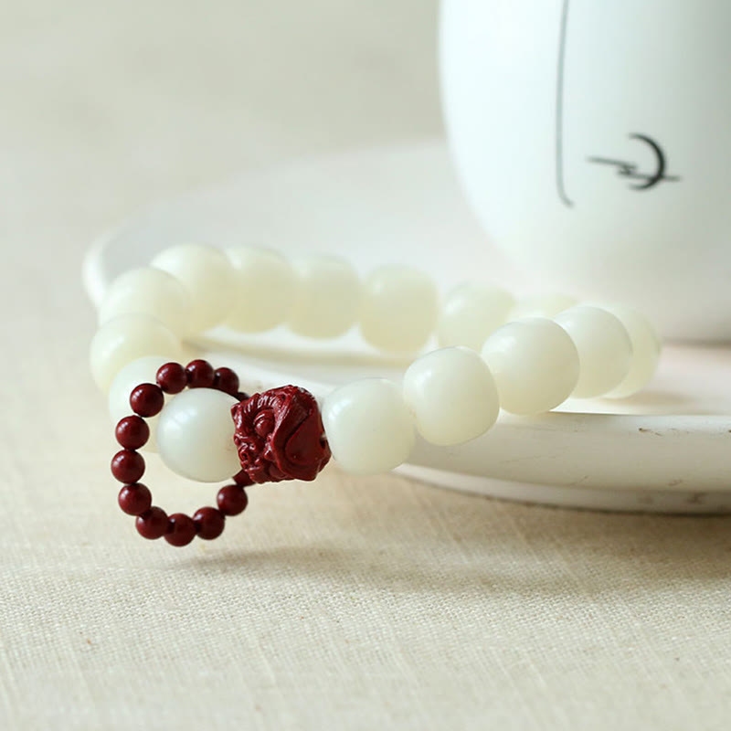 Wear FengShui Natural Bodhi Seed Cinnabar Dancing Lion Charm Wisdom Harmony Wrist Mala