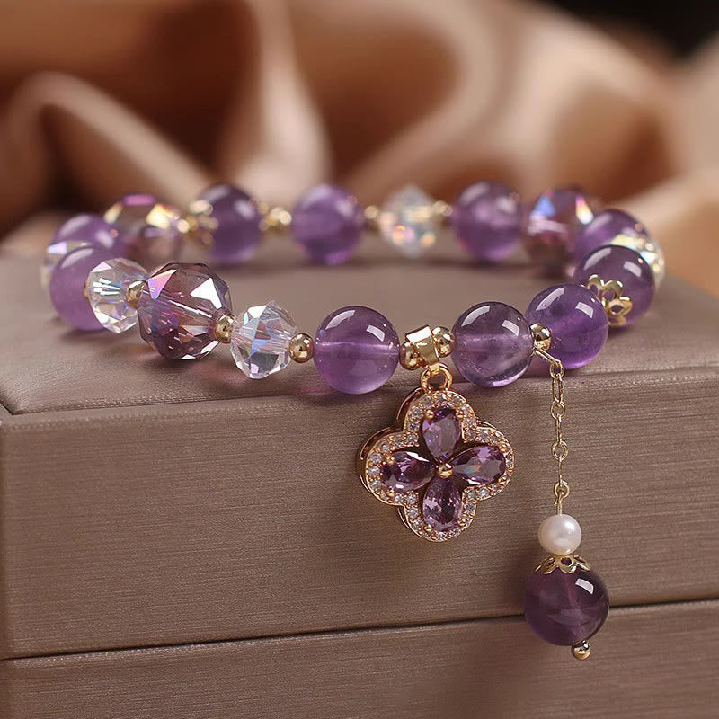 Wear FengShui Natural Amethyst Crystal Four Leaf Clover Spiritual Healing Bracelet