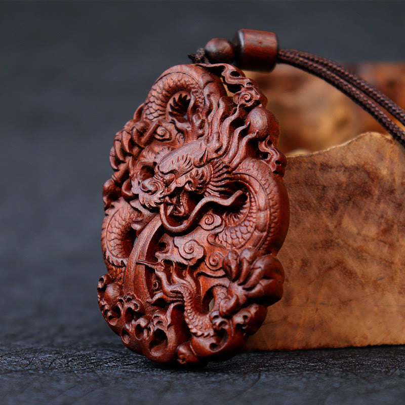 Wear FengShui Lightning Struck Jujube Wood Double Dragon Relief Ward Off Evil Spirits Necklace Pendant