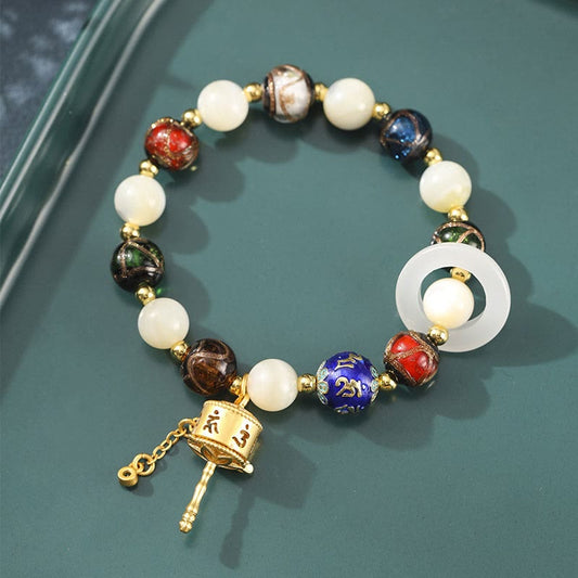 Wear FengShui Tibetan Incense Ash Liuli Glass Tridacna Stone Sun Stone Om Mani Padme Hum Prayer Wheel Charm Bracelet