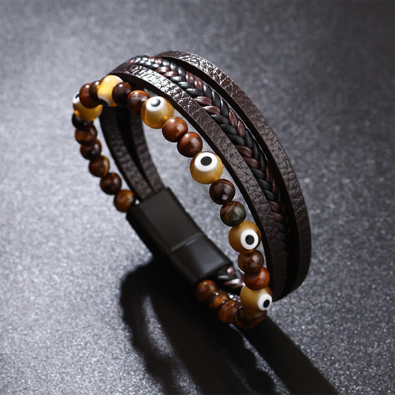 Wear FengShui Evil Eye Tiger Eye Protection Beaded Multilayered Braided Bracelet