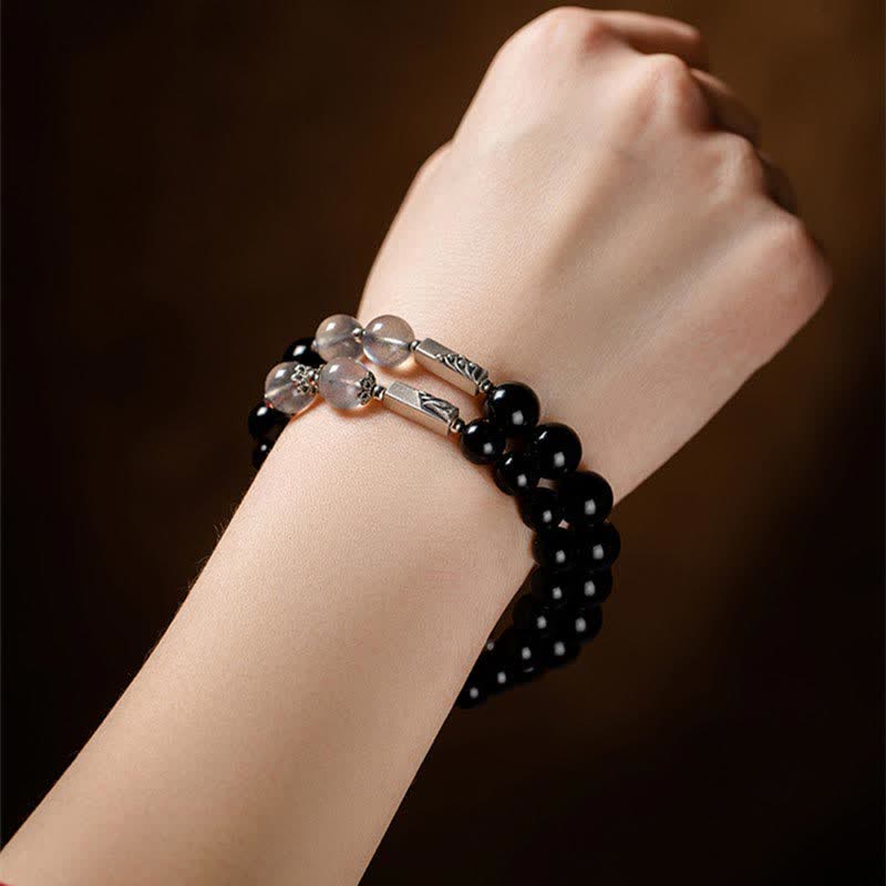 Wear FengShui 925 Sterling Silver Obsidian Moonstone Strength Couple Bracelet