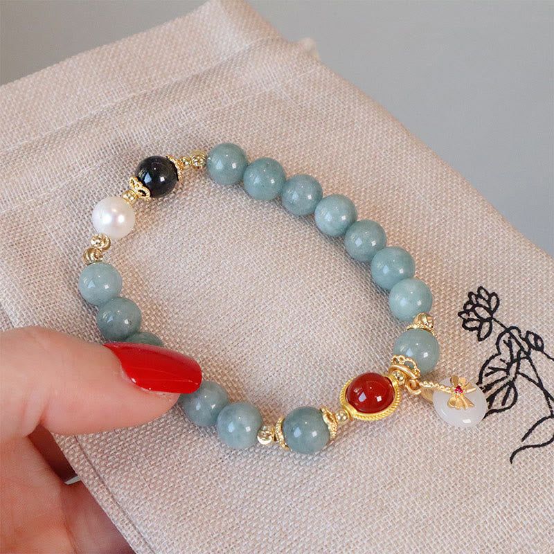 Wear FengShui Natural Jade Red Agate Pearl Bow Tie Luck Bracelet