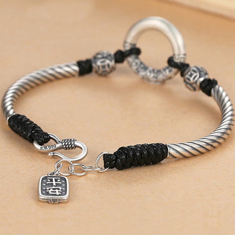 Wear FengShui 999 Sterling Silver Fu Character Peace Buckle Copper Coin Auspicious Clouds Fortune Bracelet