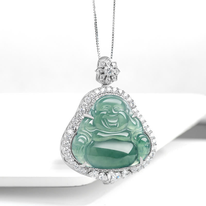 Wear FengShui Laughing Buddha Natural Jade Luck Abundance Titanium Steel Chain Necklace Pendant