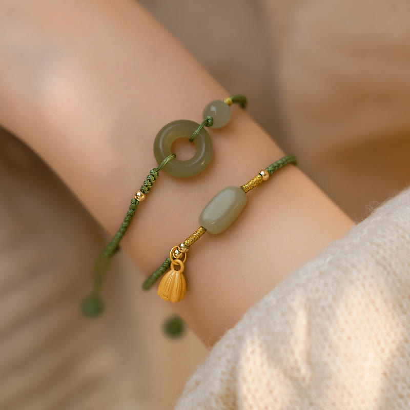 Wear FengShui Lotus Jade Peace Buckle Bead Luck Happiness Charm String Bracelet