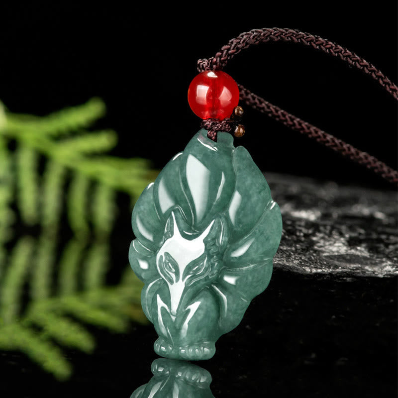 Wear FengShui Natural Green Jade Nine Tailed Fox Luck Necklace Pendant