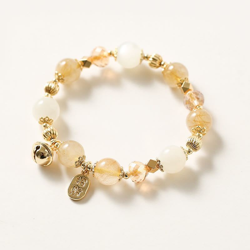 Wear FengShui 14K Gold Plated Golden Rutilated Quartz Wealth Bell Lucky Fortune Charm Bracelet