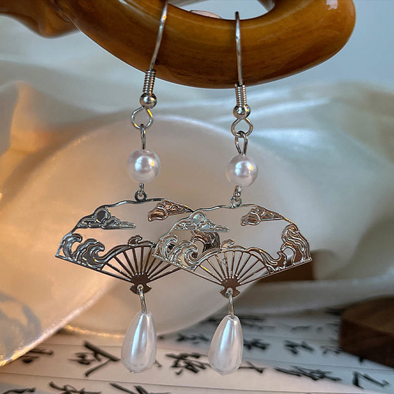 Wear FengShui Copper Fan Auspicious Clouds Pearl Healing Drop Earrings