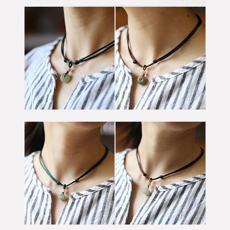 Wear FengShui Natural Round Jade Peace Buckle Lotus Abundance String Necklace Pendant