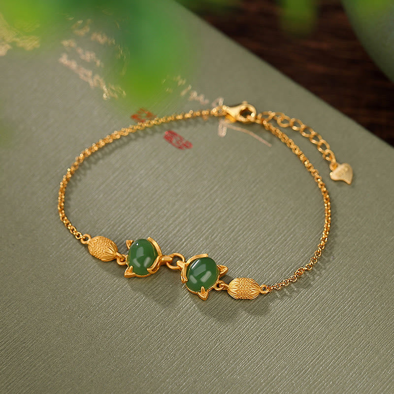 Wear FengShui 925 Sterling Silver Natural Hetian White Jade Cyan Jade Lovely Fox Luck Bracelet
