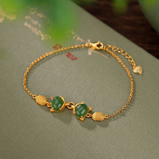 Wear FengShui 925 Sterling Silver Natural Hetian White Jade Cyan Jade Lovely Fox Luck Bracelet