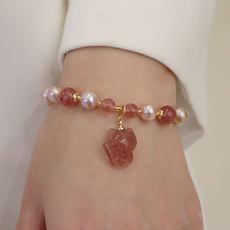 Wear FengShui Natural Pearl Strawberry Quartz Cute Fox Love Healing Charm Bracelet