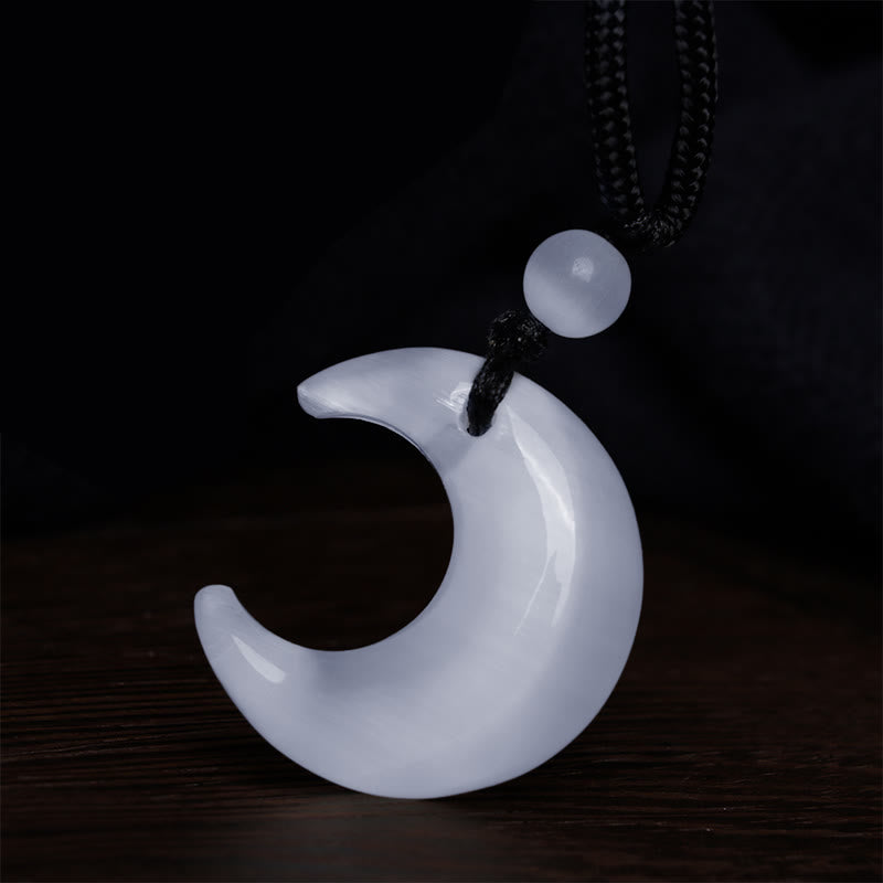 Wear FengShui Natural Silver Sheen Obsidian Selenite Crystal Crescent Moon Yin Yang Couple Protection Necklace Pendant