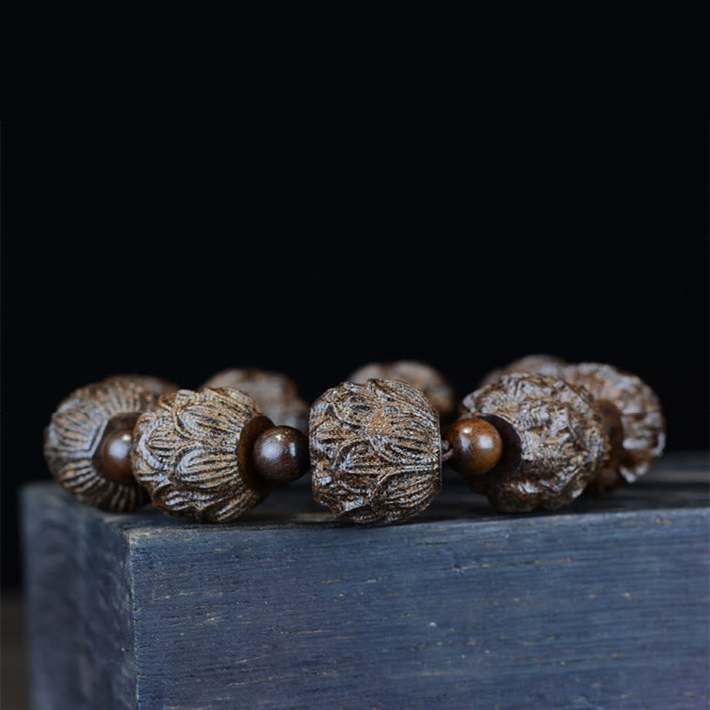 Wear FengShui Ebony Wood Eighteen Arhats Lotus Dragon Engraved Balance Bracelet