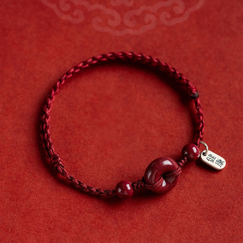 Wear FengShui Handmade Cinnabar Peace Buckle Safe and Healthy Charm Blessing String Bracelet Anklet