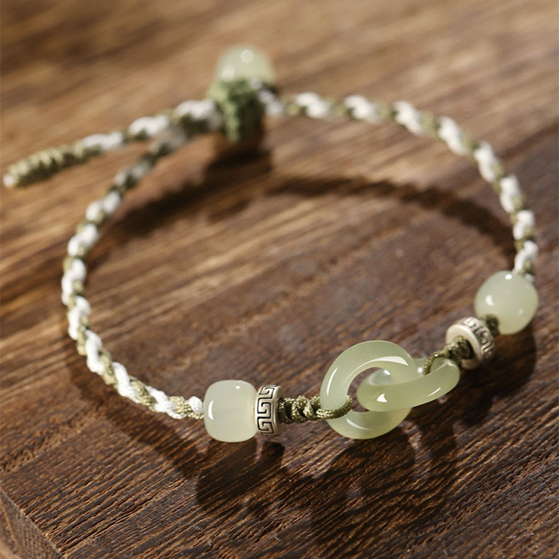 Wear FengShui Natural Hetian Jade Peace Buckle Luck Braided Bracelet