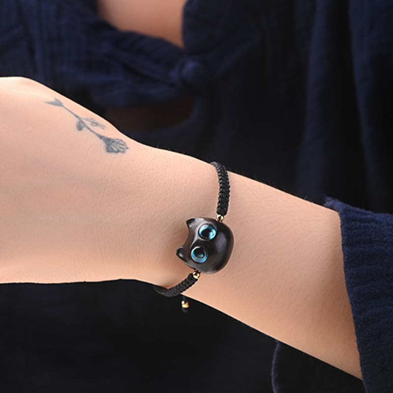 Wear FengShui Small Leaf Red Sandalwood Ebony Wood Cute Cat Head Calm Protection Braided Bracelet