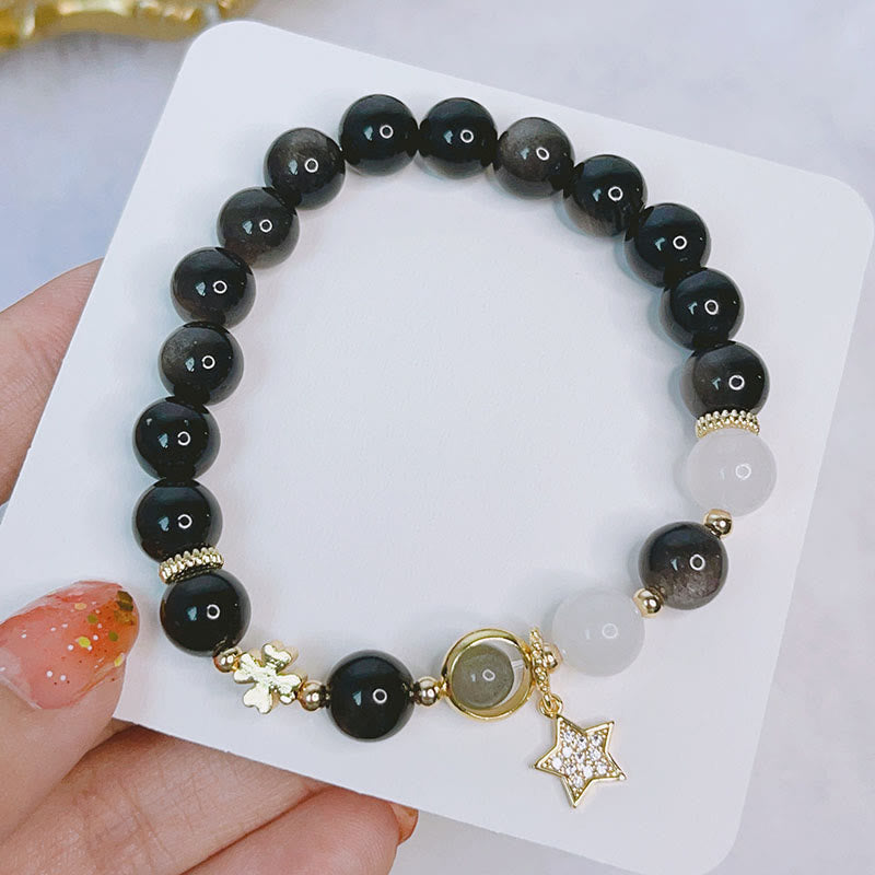 Wear FengShui Natural Silver Sheen Obsidian Love Heart Star Flower Protection Bracelet