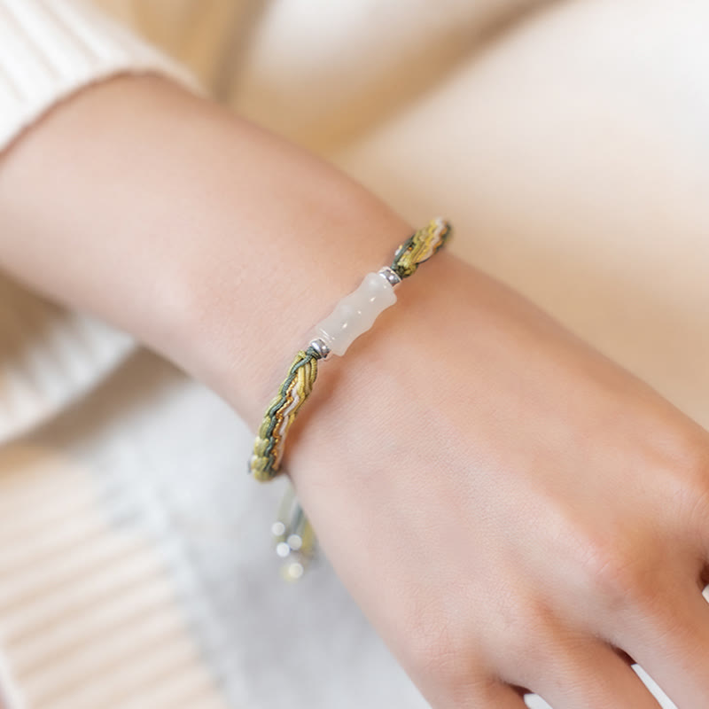 Wear FengShui White Jade Bamboo Reincarnation Knot Wealth Luck Strength String Bracelet