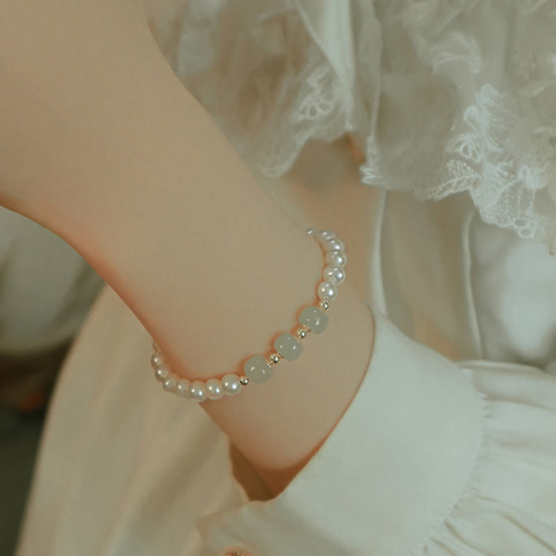 Wear FengShui 14K Gold Plated Natural Pearl Hetian Cyan Jade White Jade Sincerity Bead Chain Bracelet