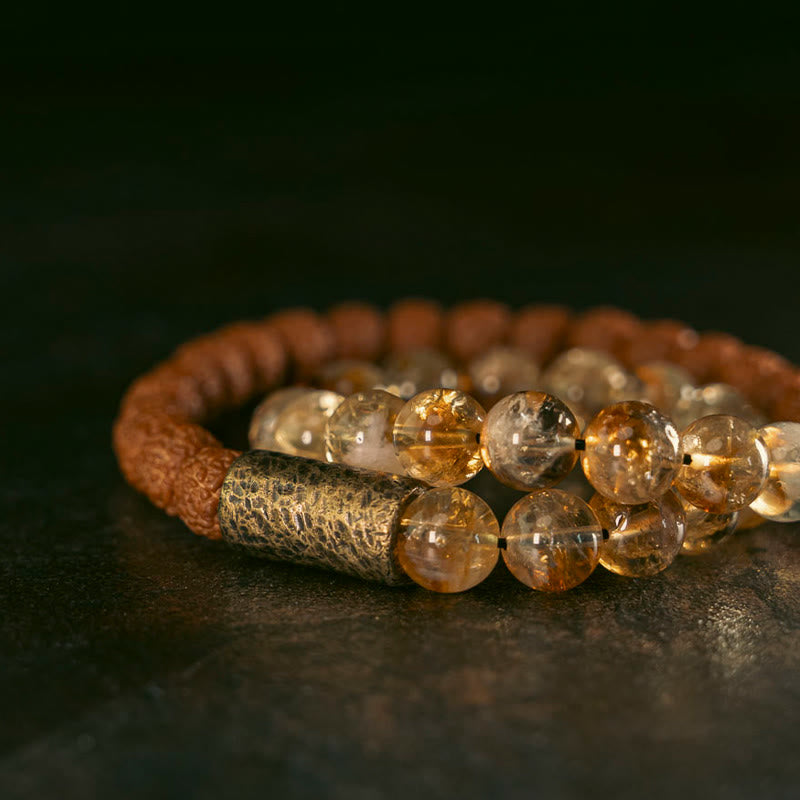 Wear FengShui Natural Citrine Crystal Rudraksha Bodhi Seed Brass Bead Prosperity Double Wrap Bracelet