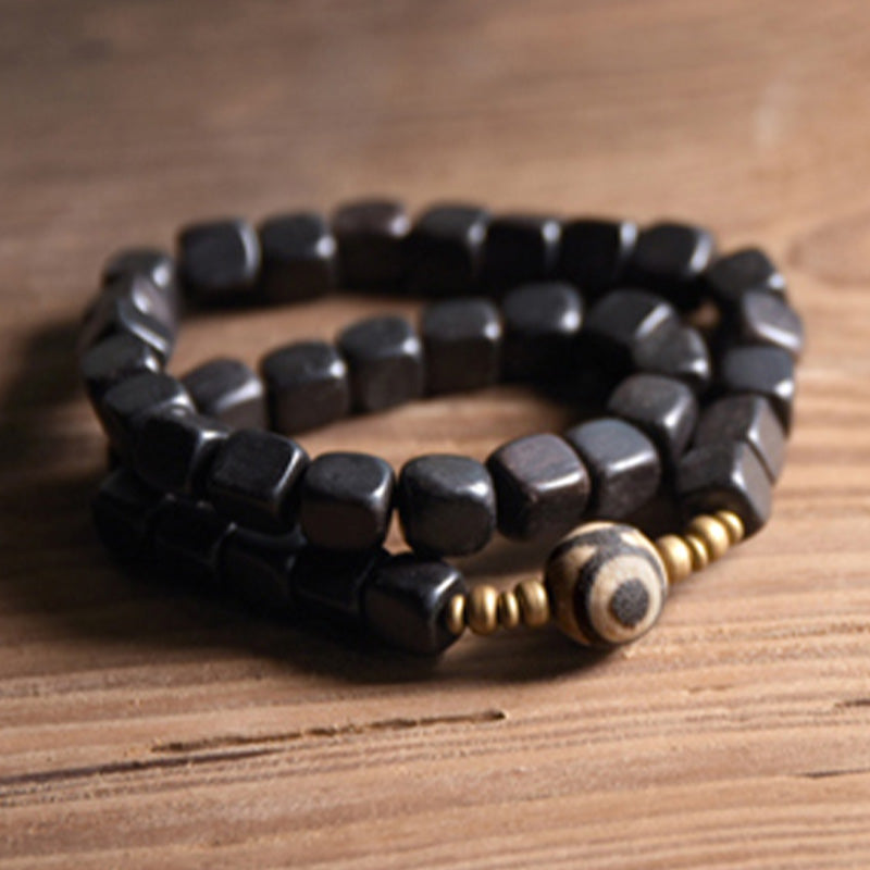 Wear FengShui Ebony Wood Dzi Bead Copper Peace Couple Bracelet