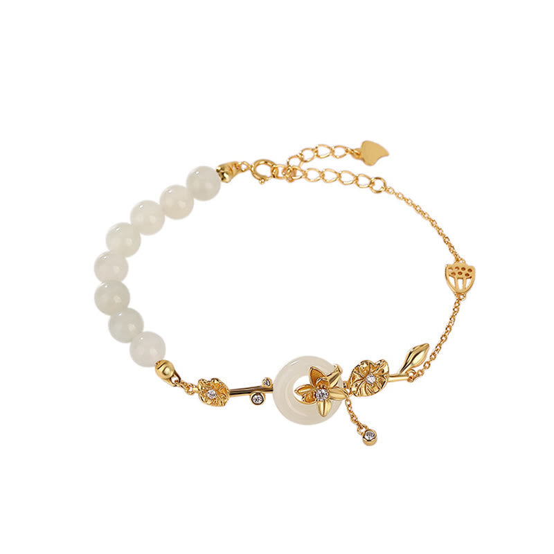 Wear FengShui 925 Sterling Silver Hetian Jade Peace Buckle Lotus Luck Chain Bracelet