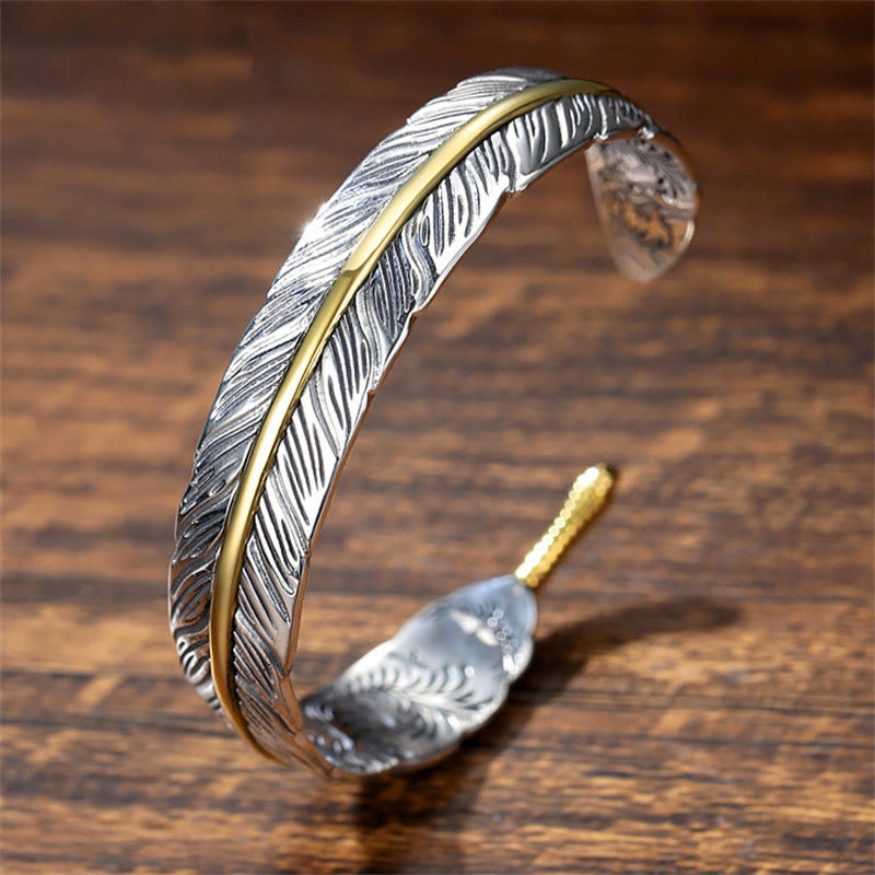 Wear FengShui Feather Pattern Carved Luck Wealth Cuff Bracelet Bangle