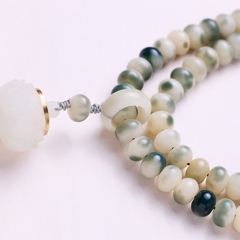 Wear FengShui Natural 108 Mala Beads Bodhi Seed Lotus Engraved Wisdom Tassel Bracelet