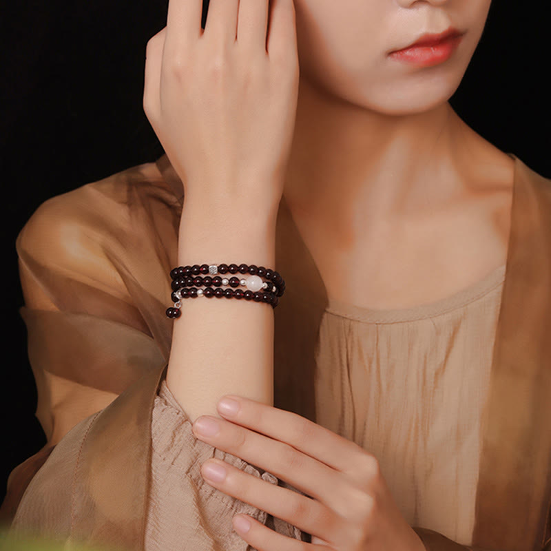 Wear FengShui 925 Sterling Silver Natural Garnet Cat Eye Protection Triple Wrap Bracelet