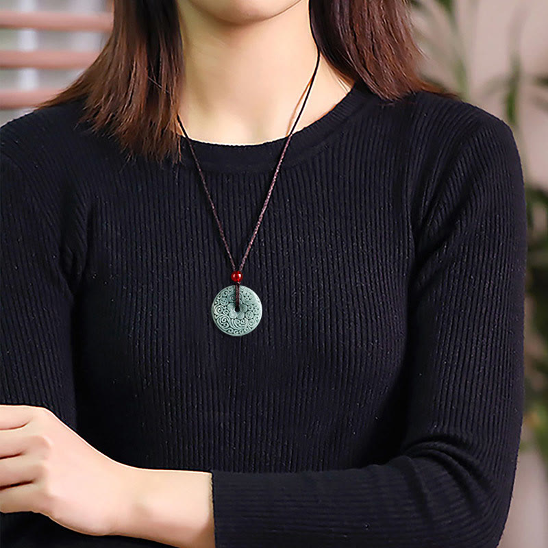 Wear FengShui Green Jade Flower Carved Peace Buckle Abundance Necklace Pendant