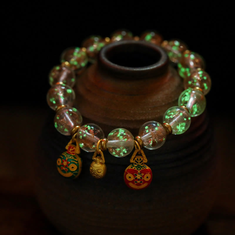 Wear FengShui Gold Swallowing Beast Family Charm Luminous Fluorescent Liuli Glass Bead Success Bracelet