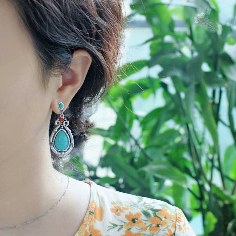 Wear FengShui Tibet Vintage Turquoise Waterdrop Strength Drop Dangle Earrings Clips
