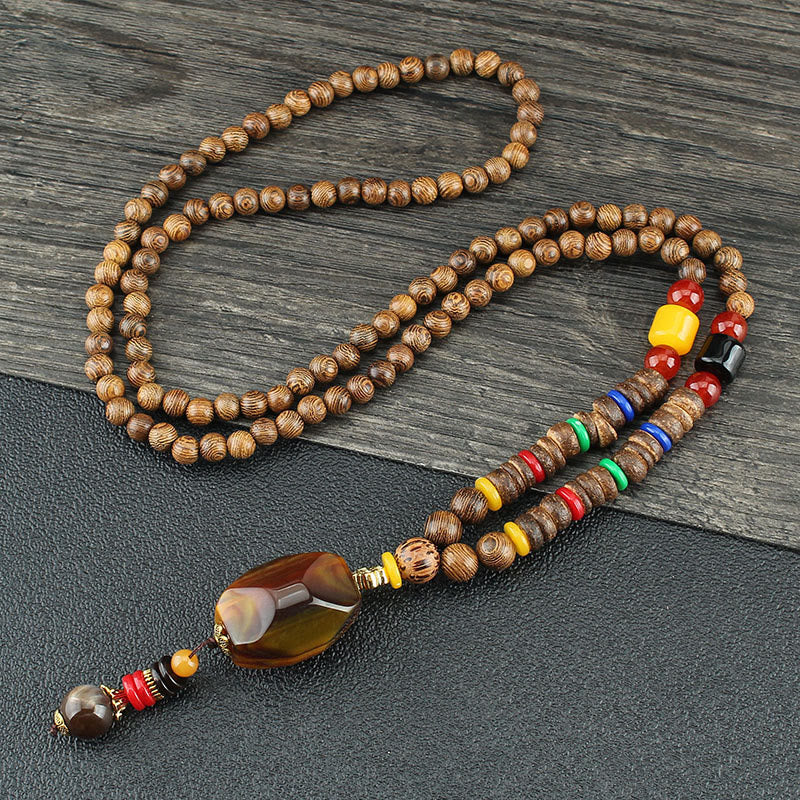 Wear FengShui Tibetan Wenge Wood Bodhi Seed Agate Balance Peace Necklace Pendant