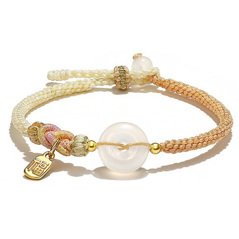 Wear FengShui Handmade White Agate Peace Buckle Luck Happiness Protection Weave String Bracelet