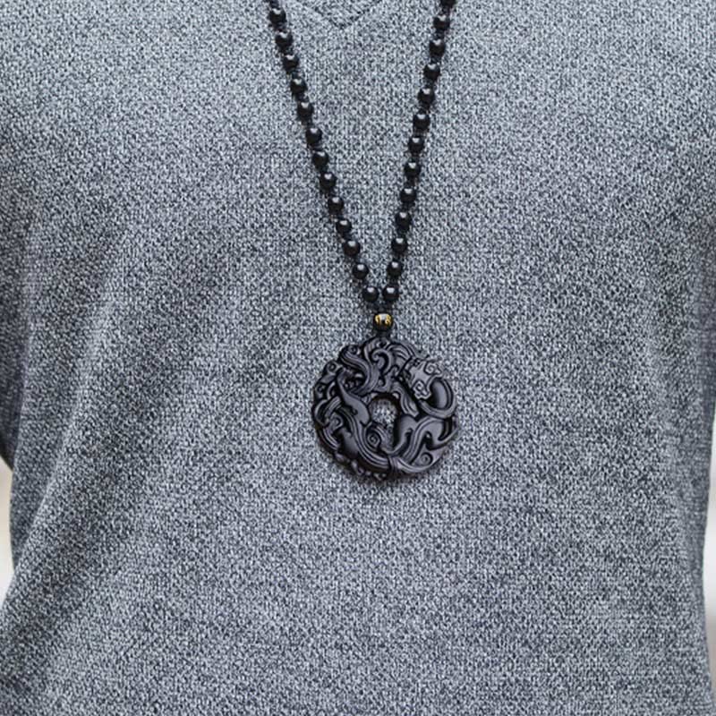 Wear FengShui Natural Black Obsidian Peace Buckle Pixiu Purification Necklace Pendant