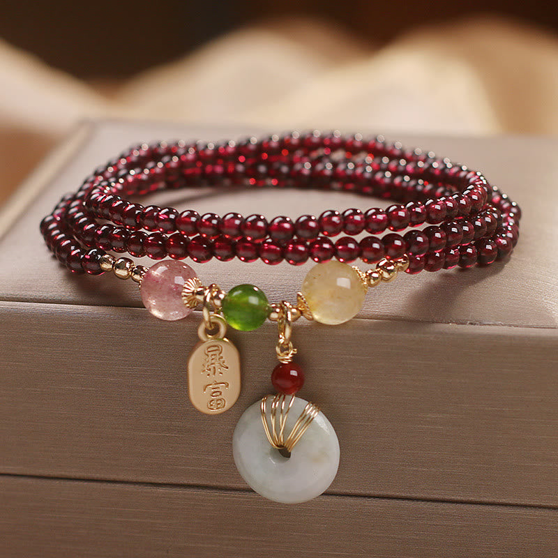 Wear FengShui Natural Garnet Strawberry Quartz Crystal Fox Koi Fish Peace Buckle Fortune Protection Triple Wrap Bracelet