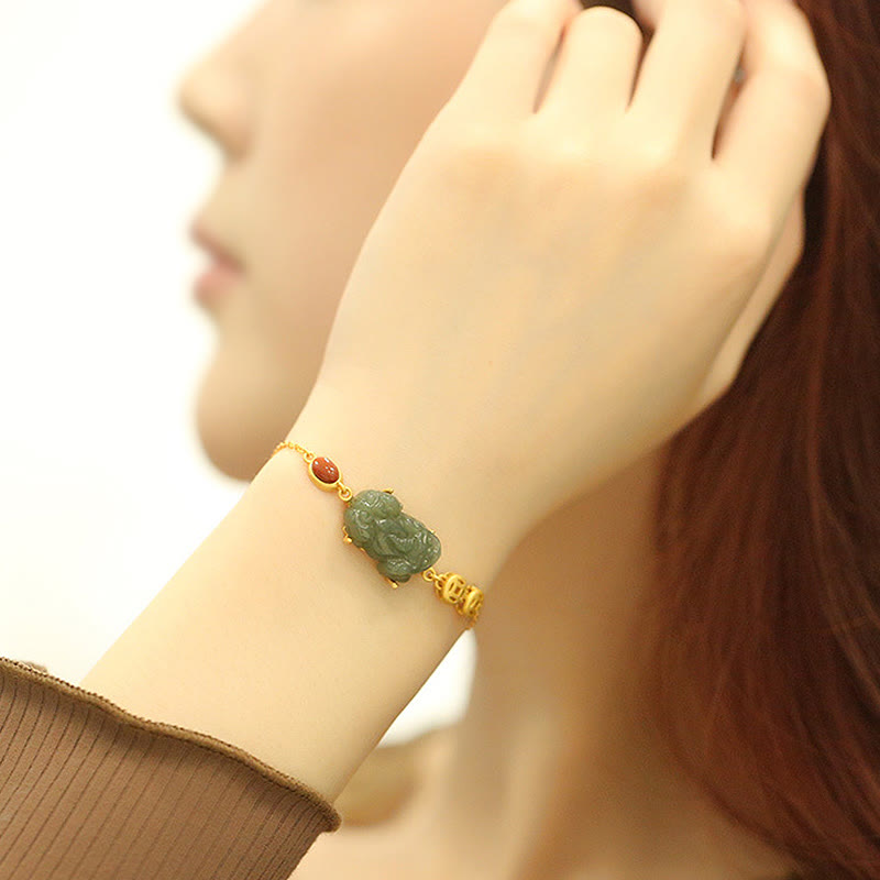 Wear FengShui Cyan Jade PiXiu Copper Coin Red Agate Success Chain Bracelet