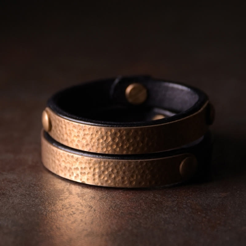 Wear FengShui Vintage Handmade Texture Copper Brass Leather Wealth Bracelet Bangle