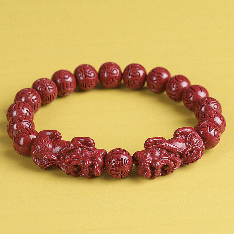 Wear FengShui Natural Double PiXiu Cinnabar Om Mani Padme Hum Wealth Luck Bead Bracelet