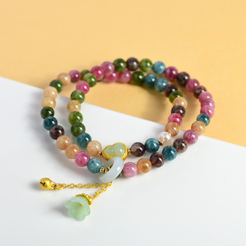 Wear FengShui Multicolored Tourmaline Gourd Wisdom Double Wrap Lily Of The Valley Charm Bracelet