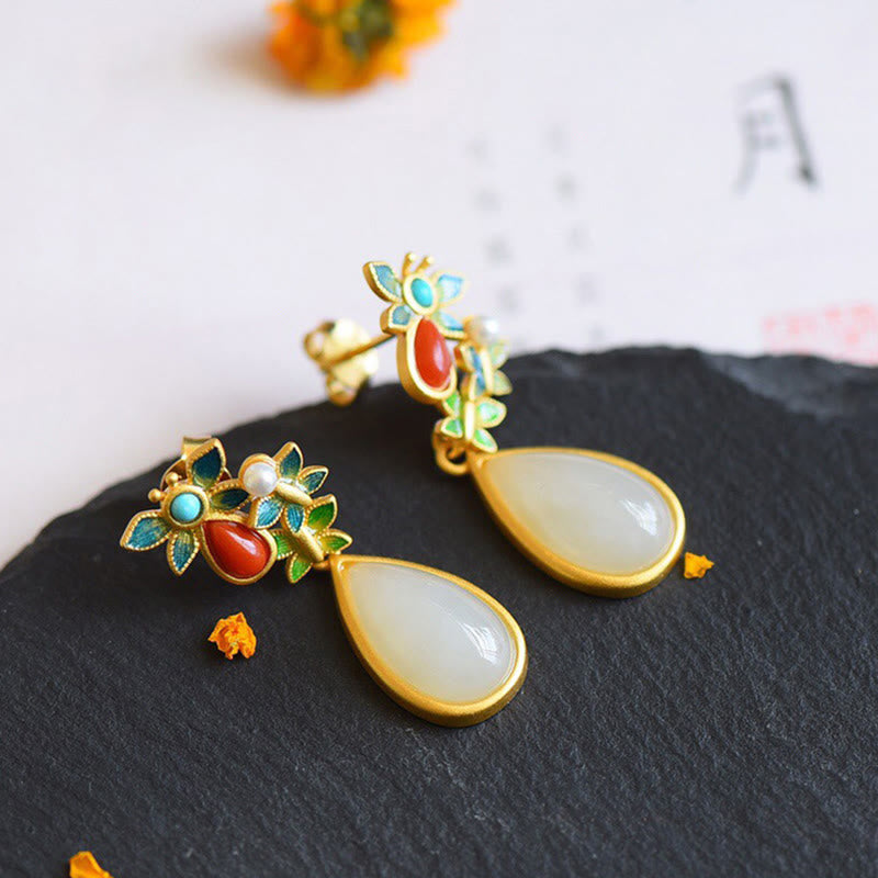 Wear FengShui Water Drop White Jade Red Agate Butterfly Protection Drop Dangle Earrings