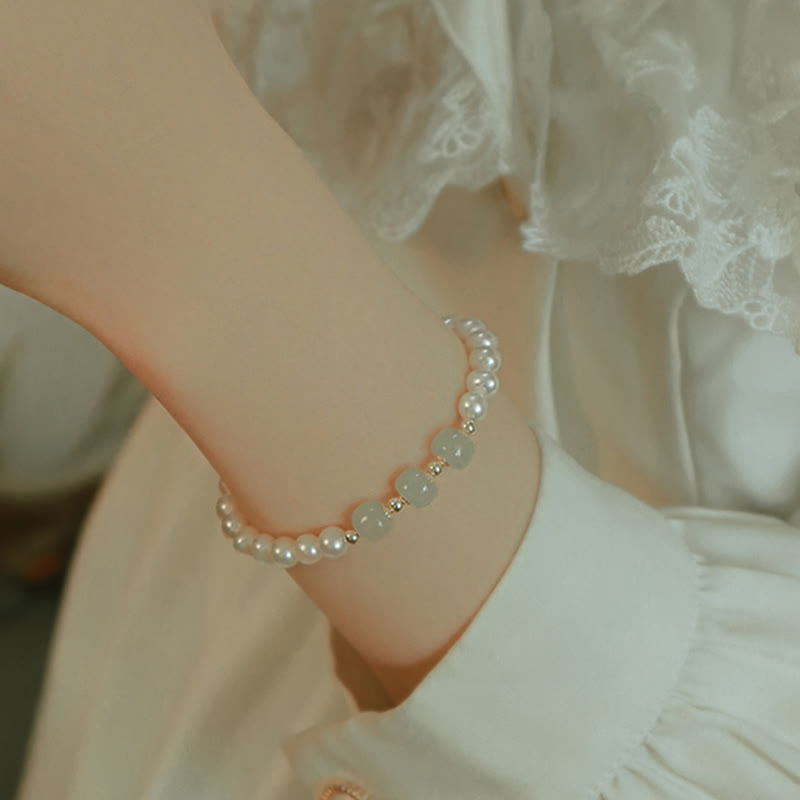 Wear FengShui 14K Gold Plated Natural Pearl Hetian Cyan Jade White Jade Sincerity Bead Chain Bracelet
