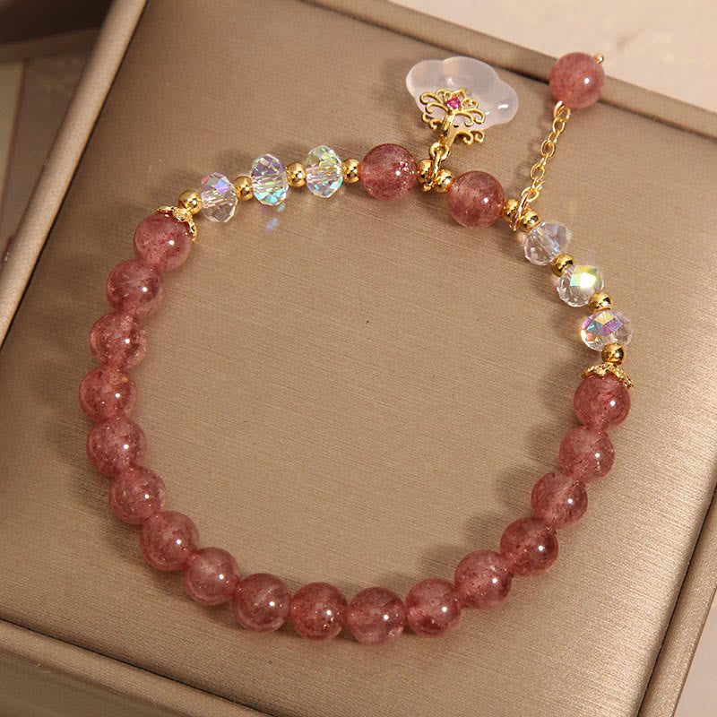 Wear FengShui Natural Strawberry Quartz Crystal White Agate Auspicious Cloud Healing Bracelet