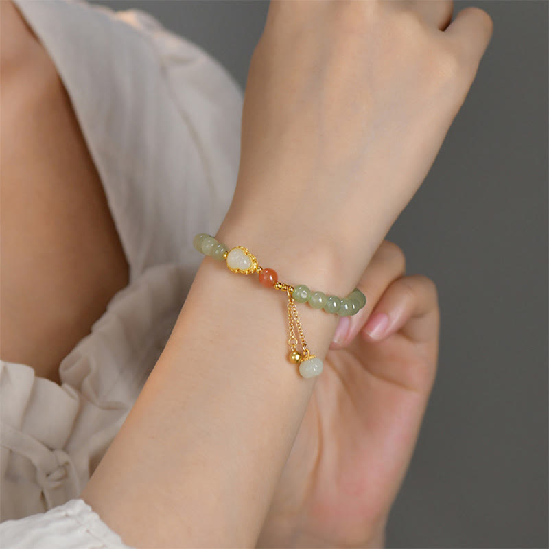 Wear FengShui 925 Sterling Silver Hetian Jade Gourd Lotus Abundance Luck Bracelet