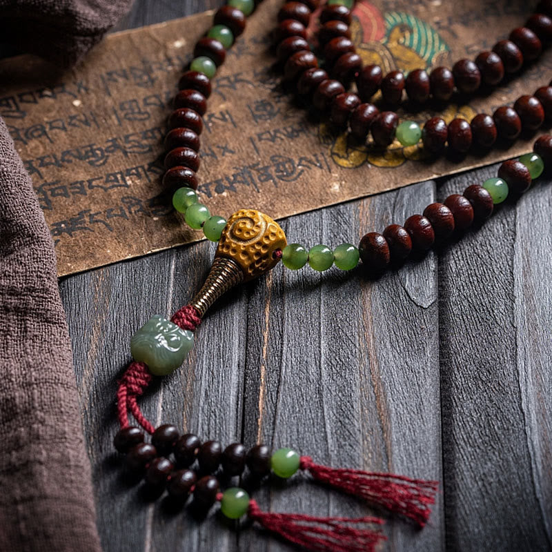 Wear FengShui Natural Tibet 108 Mala Beads Purple Bodhi Seed Hetian Cyan Jade Copper Dorje Peace Bracelet