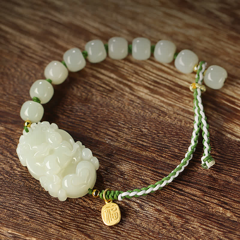 Wear FengShui 925 Sterling Silver Chinese Zodiac Hetian Jade Happiness Luck String Bracelet
