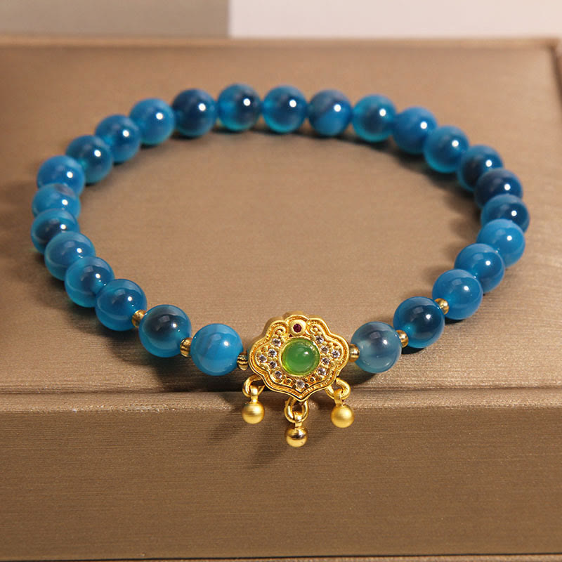 Wear FengShui Blue Candy Agate Chinese Lock Charm Healing Bracelet